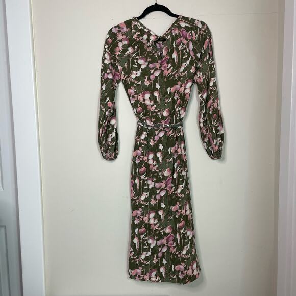 Caslon Long Sleeve Tie Waist Green Pink Abstract Midi Dress Size XXS - Picture 4 of 8